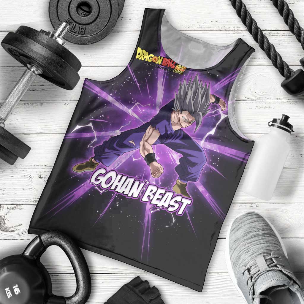 Gohan Beast Dragon Ball Super Anime Purple Lightning Aura Design Men Tank Top with Dynamic Power Pose and Energy Burst Background - The Mazicc