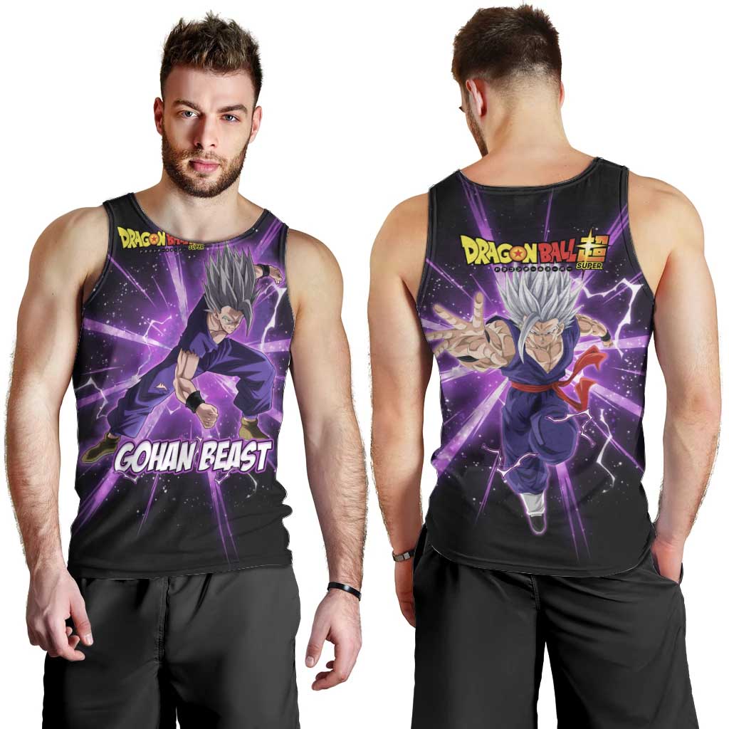 Gohan Beast Dragon Ball Super Anime Purple Lightning Aura Design Men Tank Top with Dynamic Power Pose and Energy Burst Background - The Mazicc