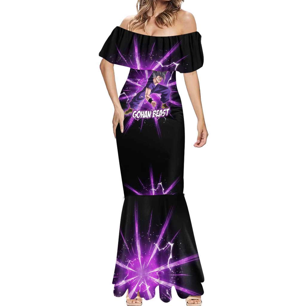 Gohan Beast Dragon Ball Super Anime Purple Lightning Aura Design Mermaid Dress with Dynamic Power Pose and Energy Burst Background - The Mazicc