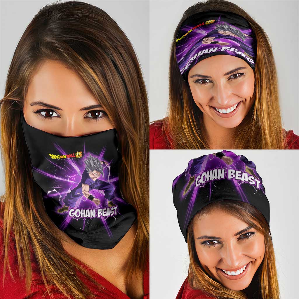 Gohan Beast Dragon Ball Super Anime Purple Lightning Aura Design Neck Gaiter with Dynamic Power Pose and Energy Burst Background - The Mazicc