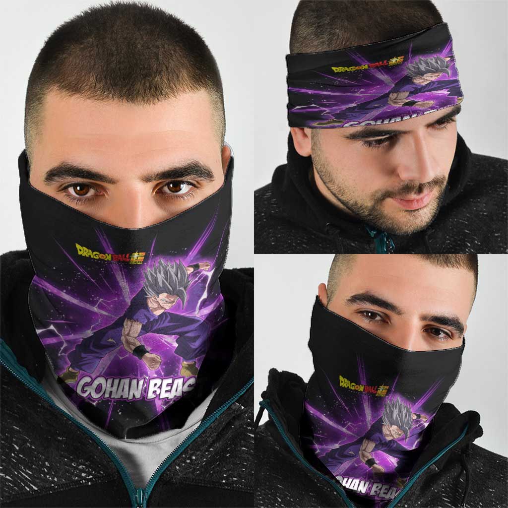 Gohan Beast Dragon Ball Super Anime Purple Lightning Aura Design Neck Gaiter with Dynamic Power Pose and Energy Burst Background - The Mazicc
