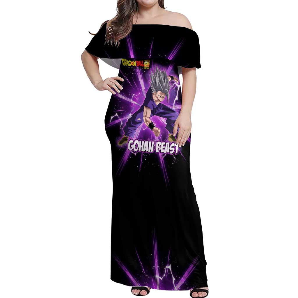 Gohan Beast Dragon Ball Super Anime Purple Lightning Aura Design Off Shoulder Maxi Dress with Dynamic Power Pose and Energy Burst Background - The Mazicc