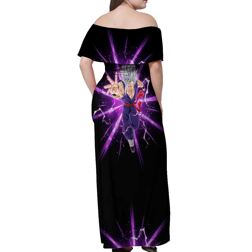 Gohan Beast Dragon Ball Super Anime Purple Lightning Aura Design Off Shoulder Maxi Dress with Dynamic Power Pose and Energy Burst Background - The Mazicc