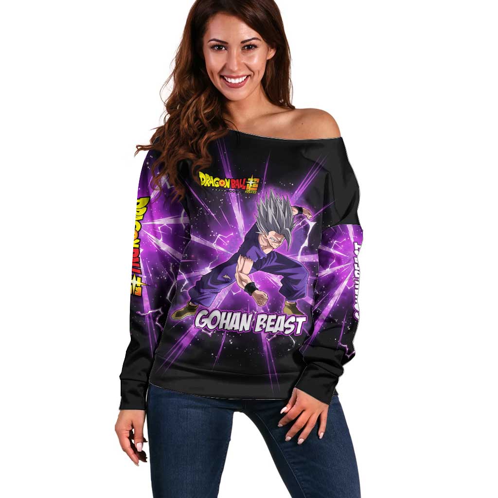 Gohan Beast Dragon Ball Super Anime Purple Lightning Aura Design Off Shoulder Sweater with Dynamic Power Pose and Energy Burst Background - The Mazicc