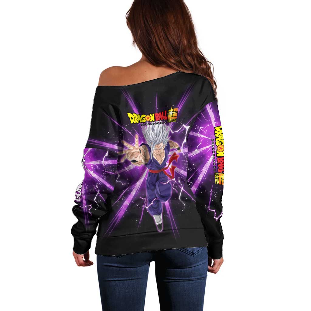 Gohan Beast Dragon Ball Super Anime Purple Lightning Aura Design Off Shoulder Sweater with Dynamic Power Pose and Energy Burst Background - The Mazicc