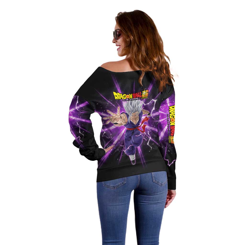 Gohan Beast Dragon Ball Super Anime Purple Lightning Aura Design Off Shoulder Sweater with Dynamic Power Pose and Energy Burst Background - The Mazicc