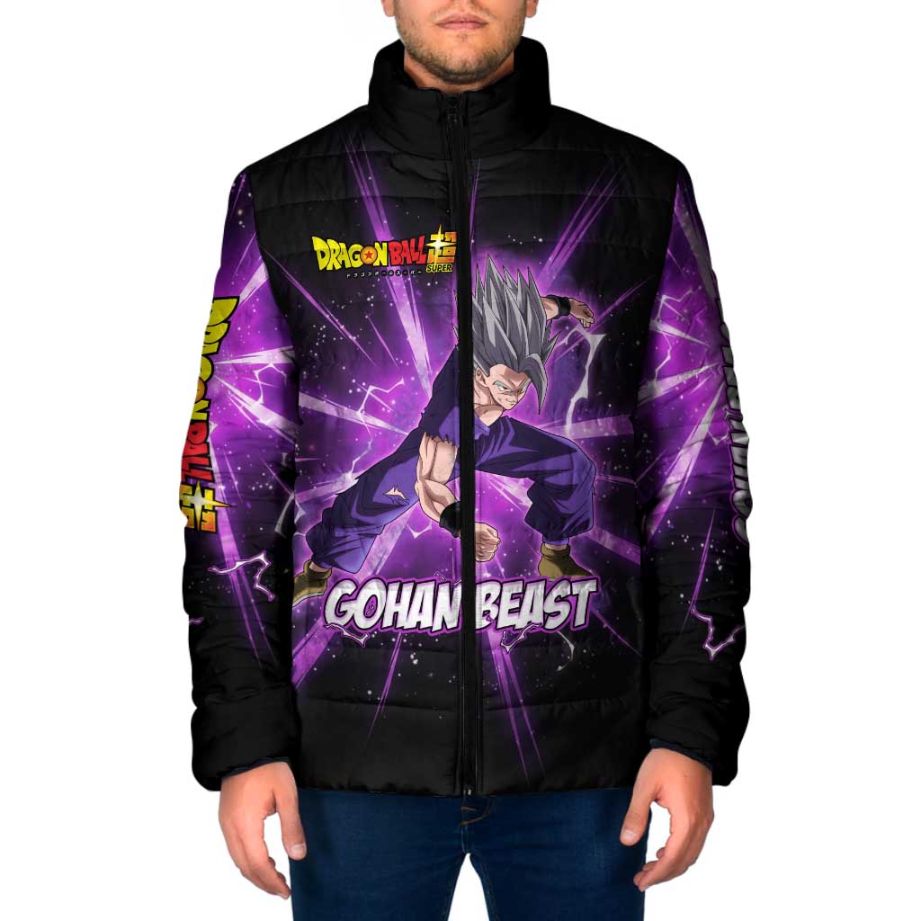 Gohan Beast Dragon Ball Super Anime Purple Lightning Aura Design Padded Jacket with Dynamic Power Pose and Energy Burst Background - The Mazicc