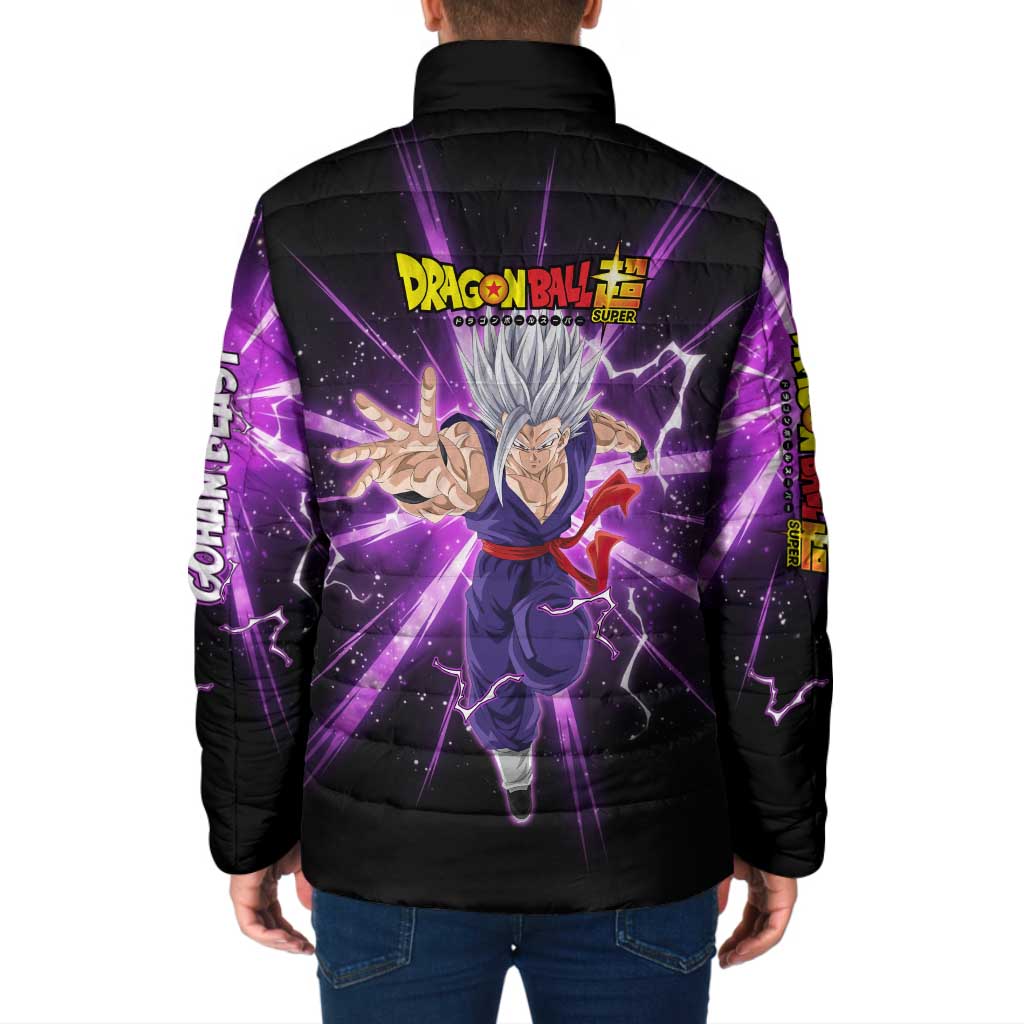 Gohan Beast Dragon Ball Super Anime Purple Lightning Aura Design Padded Jacket with Dynamic Power Pose and Energy Burst Background - The Mazicc