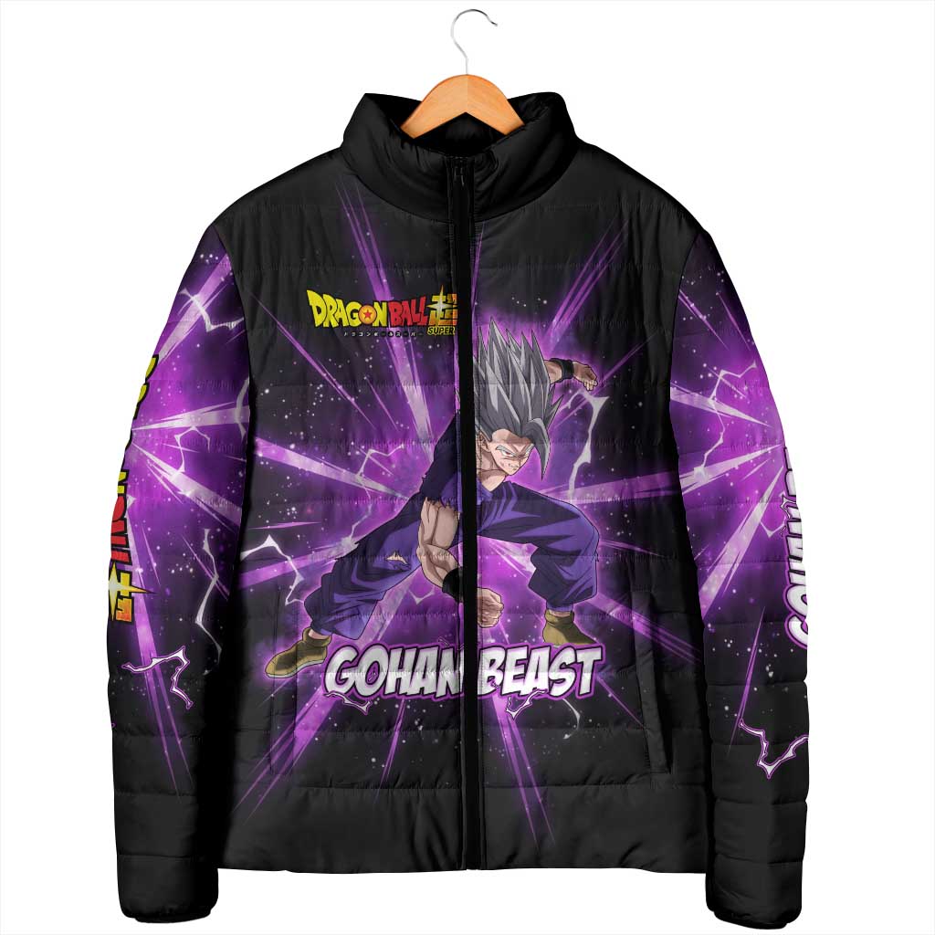Gohan Beast Dragon Ball Super Anime Purple Lightning Aura Design Padded Jacket with Dynamic Power Pose and Energy Burst Background - The Mazicc