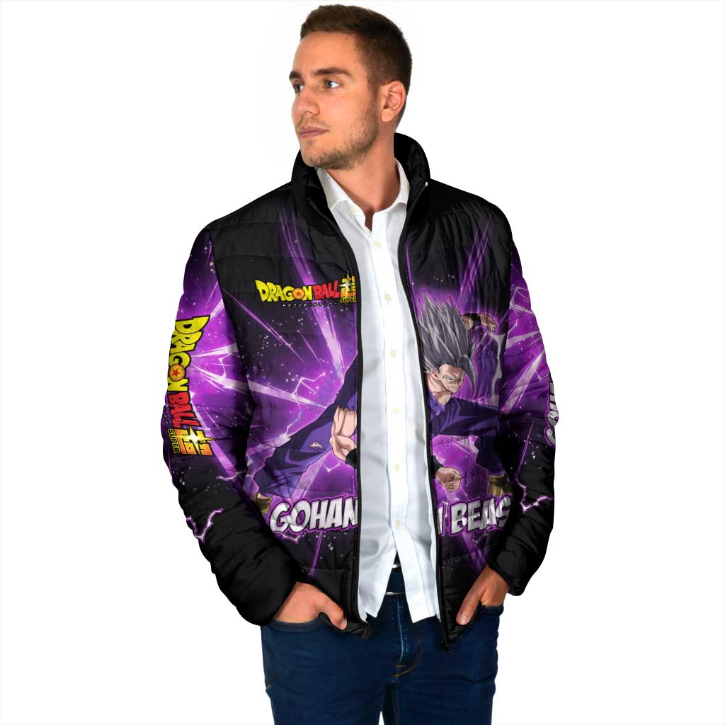 Gohan Beast Dragon Ball Super Anime Purple Lightning Aura Design Padded Jacket with Dynamic Power Pose and Energy Burst Background - The Mazicc