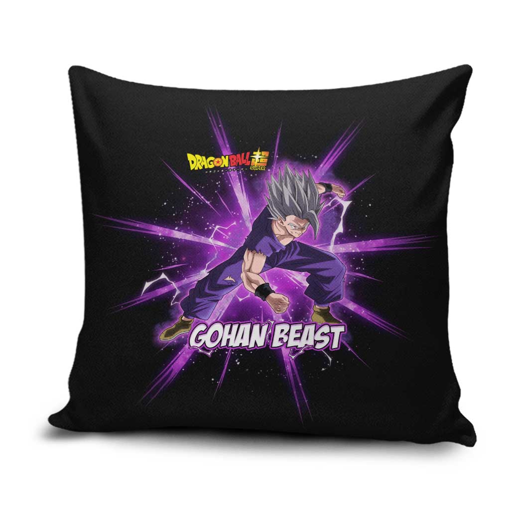 Gohan Beast Dragon Ball Super Anime Purple Lightning Aura Design Pillow Cover with Dynamic Power Pose and Energy Burst Background - The Mazicc