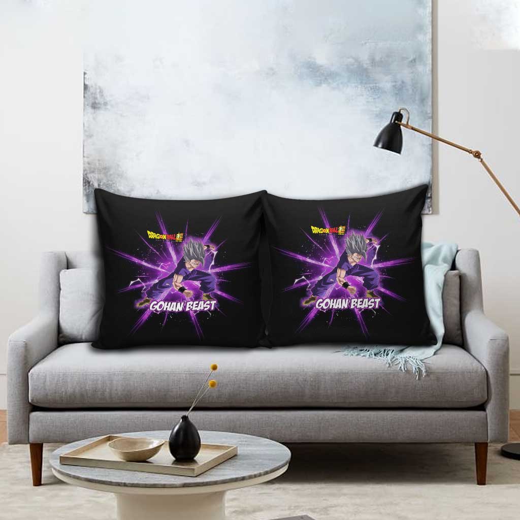 Gohan Beast Dragon Ball Super Anime Purple Lightning Aura Design Pillow Cover with Dynamic Power Pose and Energy Burst Background - The Mazicc