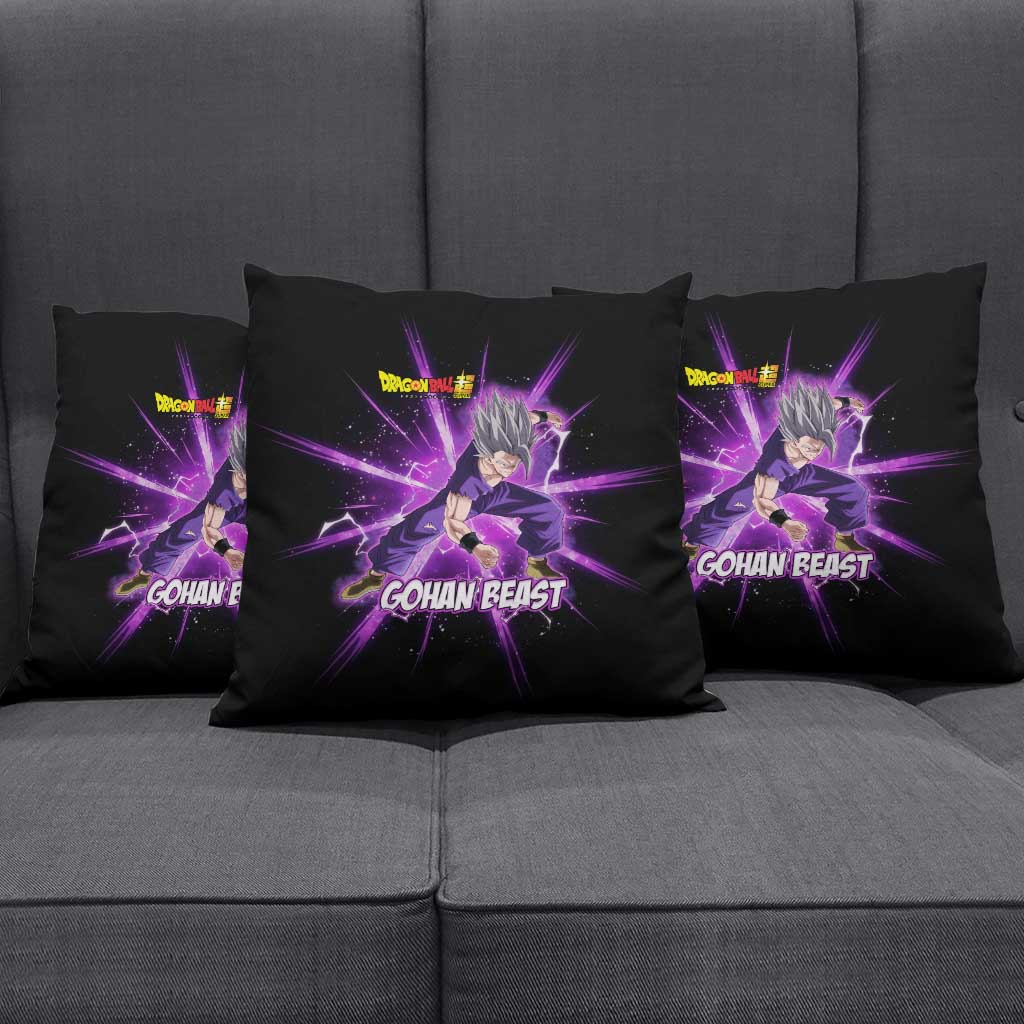 Gohan Beast Dragon Ball Super Anime Purple Lightning Aura Design Pillow Cover with Dynamic Power Pose and Energy Burst Background - The Mazicc