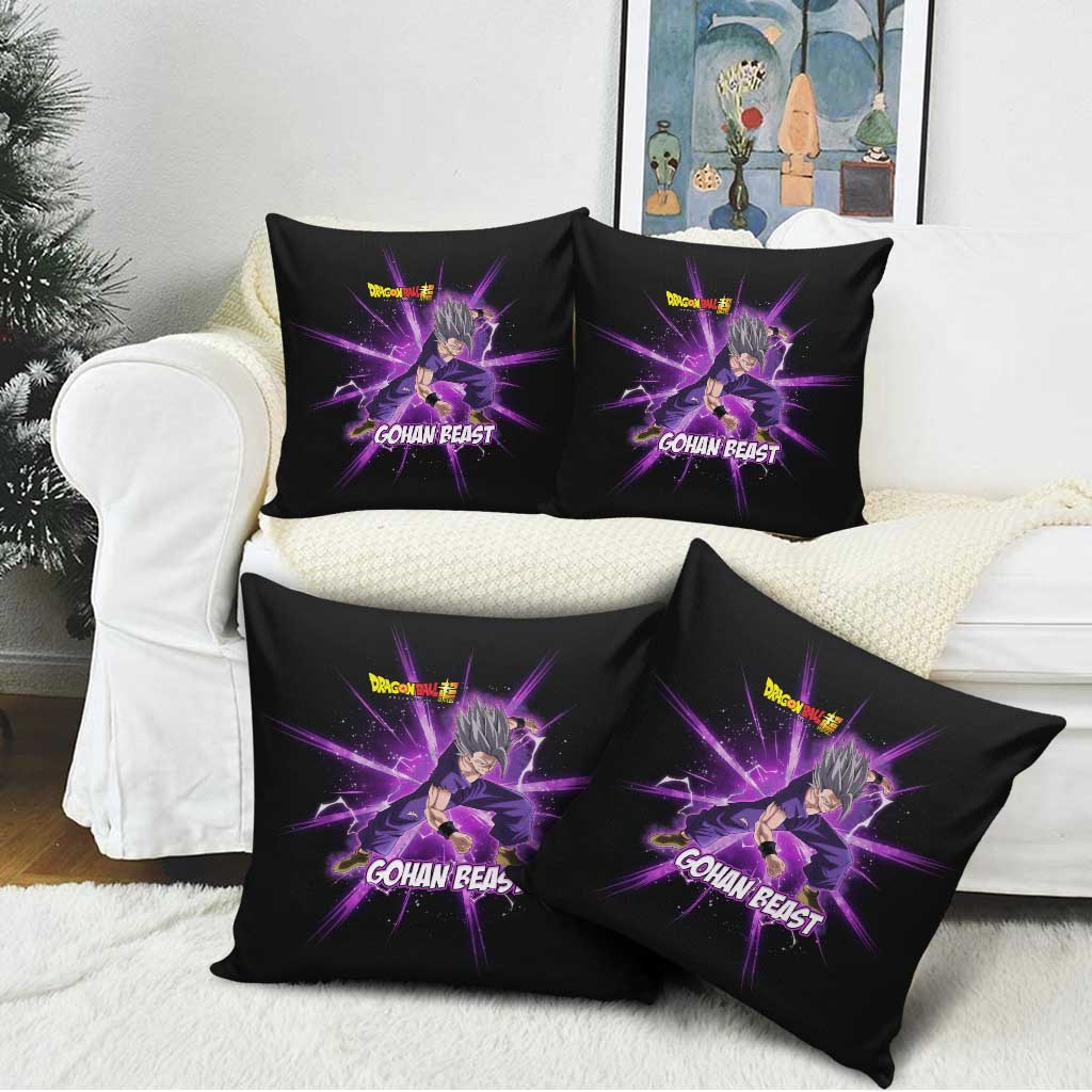 Gohan Beast Dragon Ball Super Anime Purple Lightning Aura Design Pillow Cover with Dynamic Power Pose and Energy Burst Background - The Mazicc
