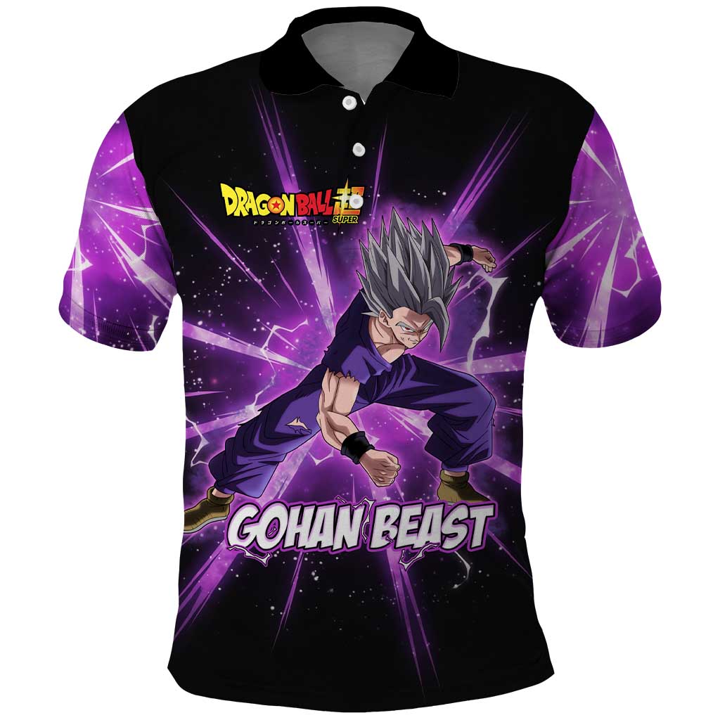 Gohan Beast Dragon Ball Super Anime Purple Lightning Aura Design Polo Shirt with Dynamic Power Pose and Energy Burst Background - The Mazicc
