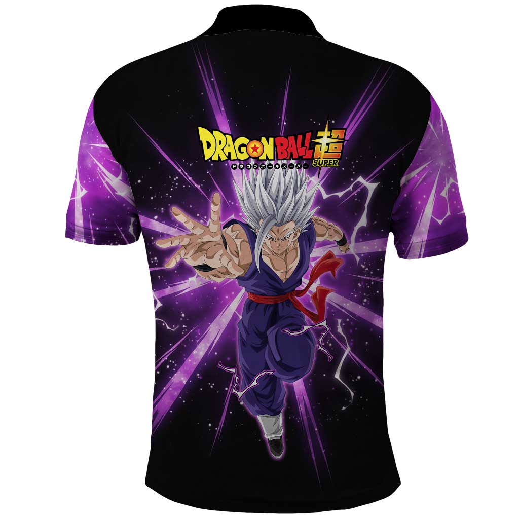 Gohan Beast Dragon Ball Super Anime Purple Lightning Aura Design Polo Shirt with Dynamic Power Pose and Energy Burst Background - The Mazicc
