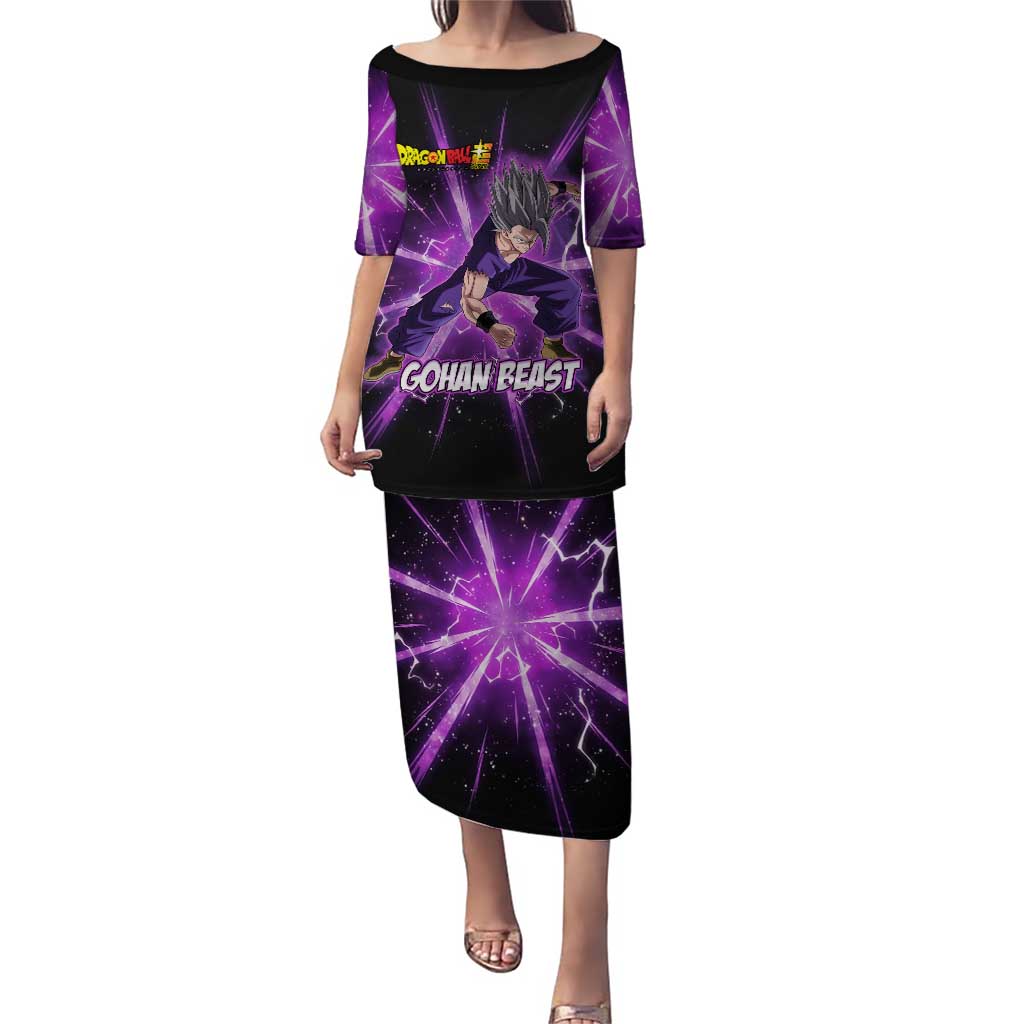 Gohan Beast Dragon Ball Super Anime Purple Lightning Aura Design Puletasi with Dynamic Power Pose and Energy Burst Background - The Mazicc