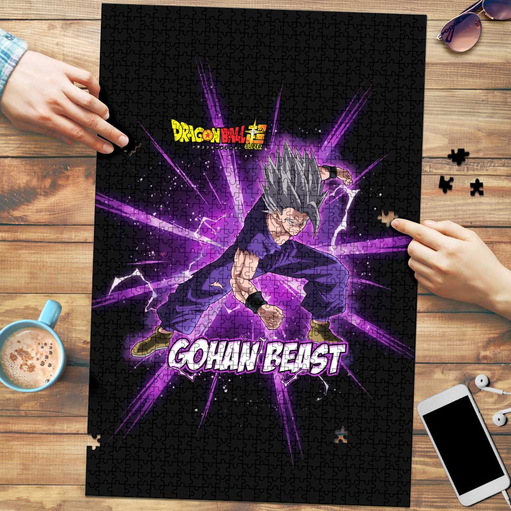 Gohan Beast Dragon Ball Super Anime Purple Lightning Aura Design Puzzle with Dynamic Power Pose and Energy Burst Background - The Mazicc
