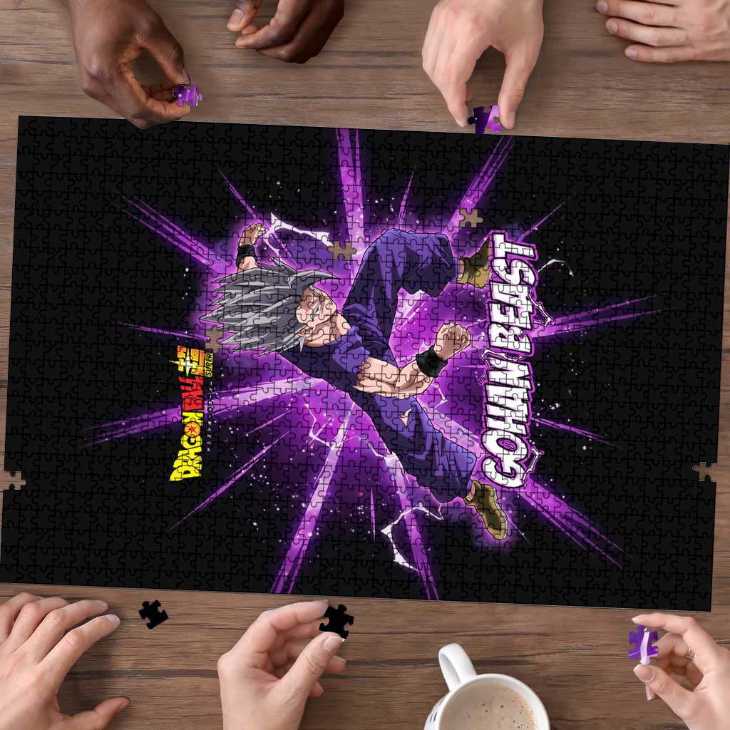 Gohan Beast Dragon Ball Super Anime Purple Lightning Aura Design Puzzle with Dynamic Power Pose and Energy Burst Background - The Mazicc