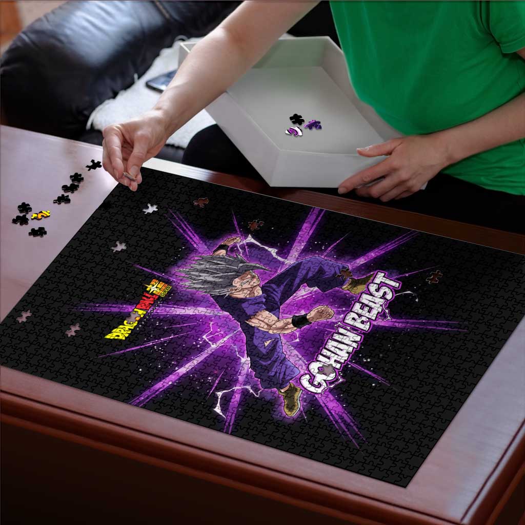 Gohan Beast Dragon Ball Super Anime Purple Lightning Aura Design Puzzle with Dynamic Power Pose and Energy Burst Background - The Mazicc