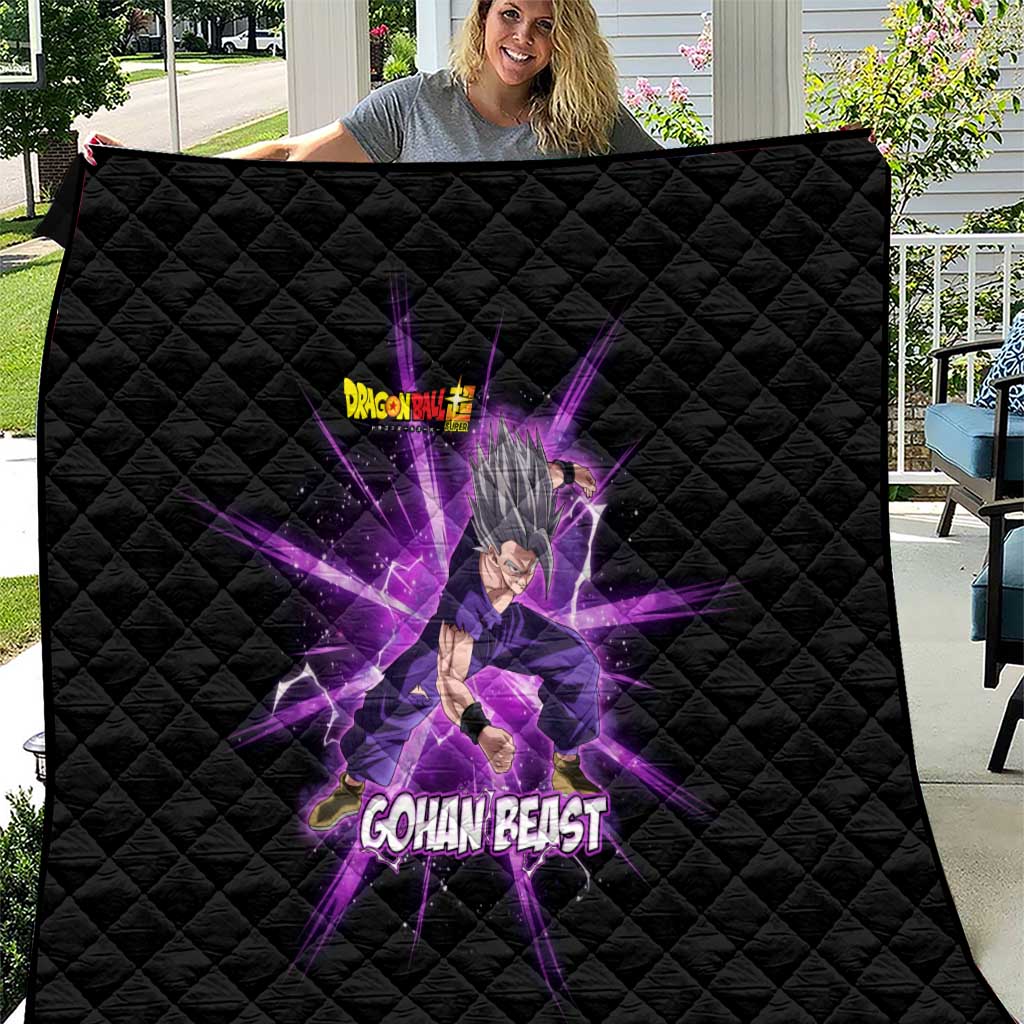 Gohan Beast Dragon Ball Super Anime Purple Lightning Aura Design Quilt with Dynamic Power Pose and Energy Burst Background - The Mazicc