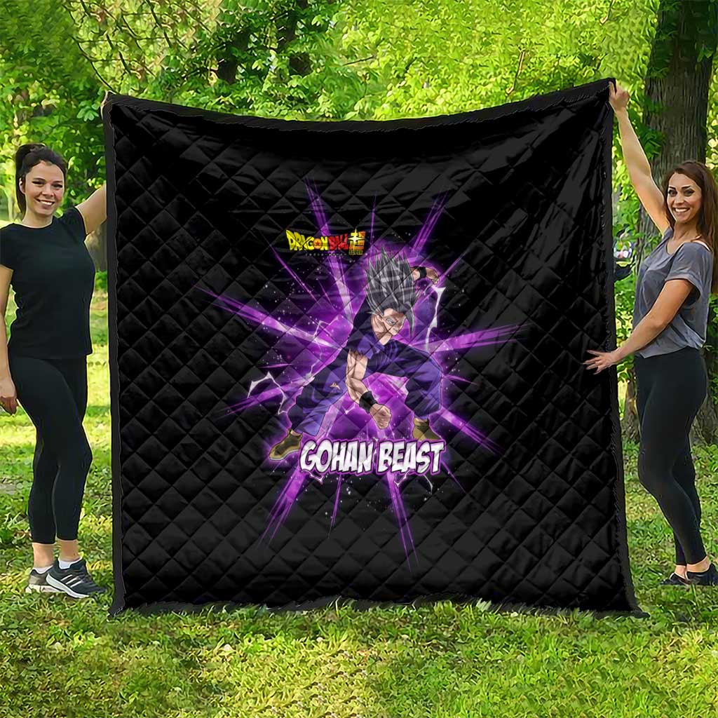 Gohan Beast Dragon Ball Super Anime Purple Lightning Aura Design Quilt with Dynamic Power Pose and Energy Burst Background - The Mazicc