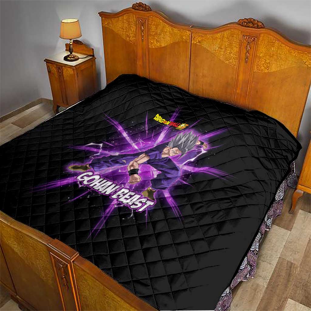 Gohan Beast Dragon Ball Super Anime Purple Lightning Aura Design Quilt with Dynamic Power Pose and Energy Burst Background - The Mazicc