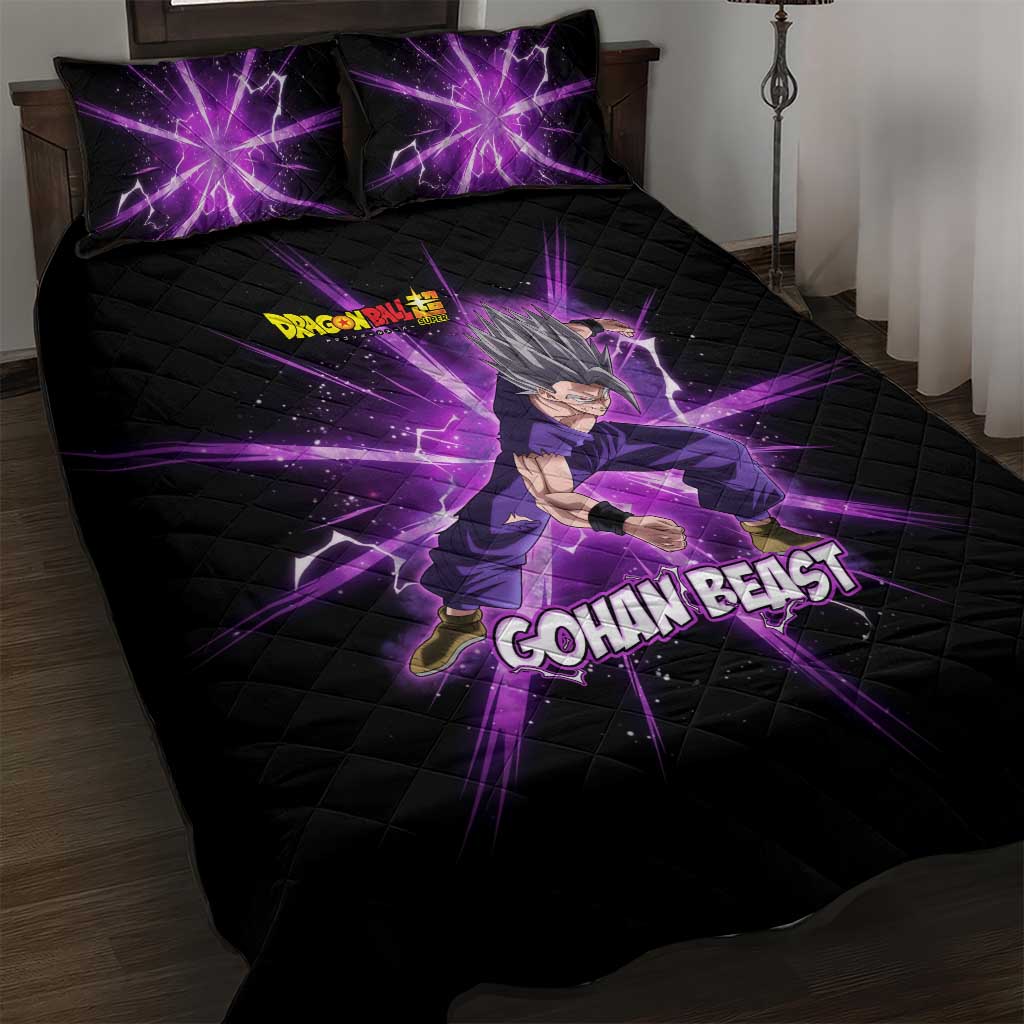 Gohan Beast Dragon Ball Super Anime Purple Lightning Aura Design Quilt Bed Set with Dynamic Power Pose and Energy Burst Background - The Mazicc