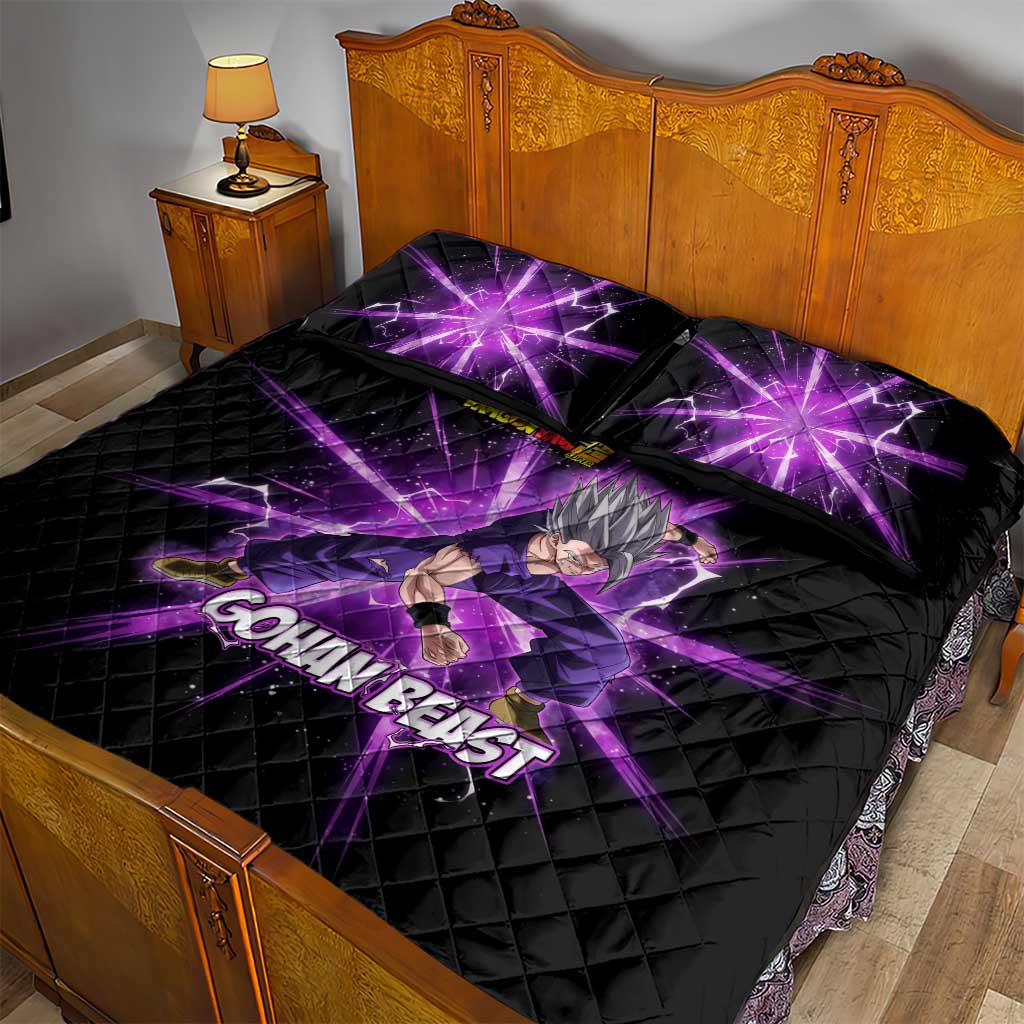 Gohan Beast Dragon Ball Super Anime Purple Lightning Aura Design Quilt Bed Set with Dynamic Power Pose and Energy Burst Background - The Mazicc