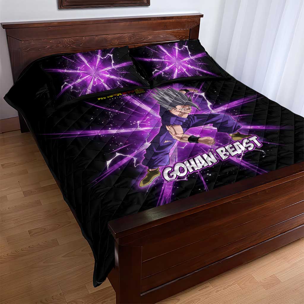 Gohan Beast Dragon Ball Super Anime Purple Lightning Aura Design Quilt Bed Set with Dynamic Power Pose and Energy Burst Background - The Mazicc