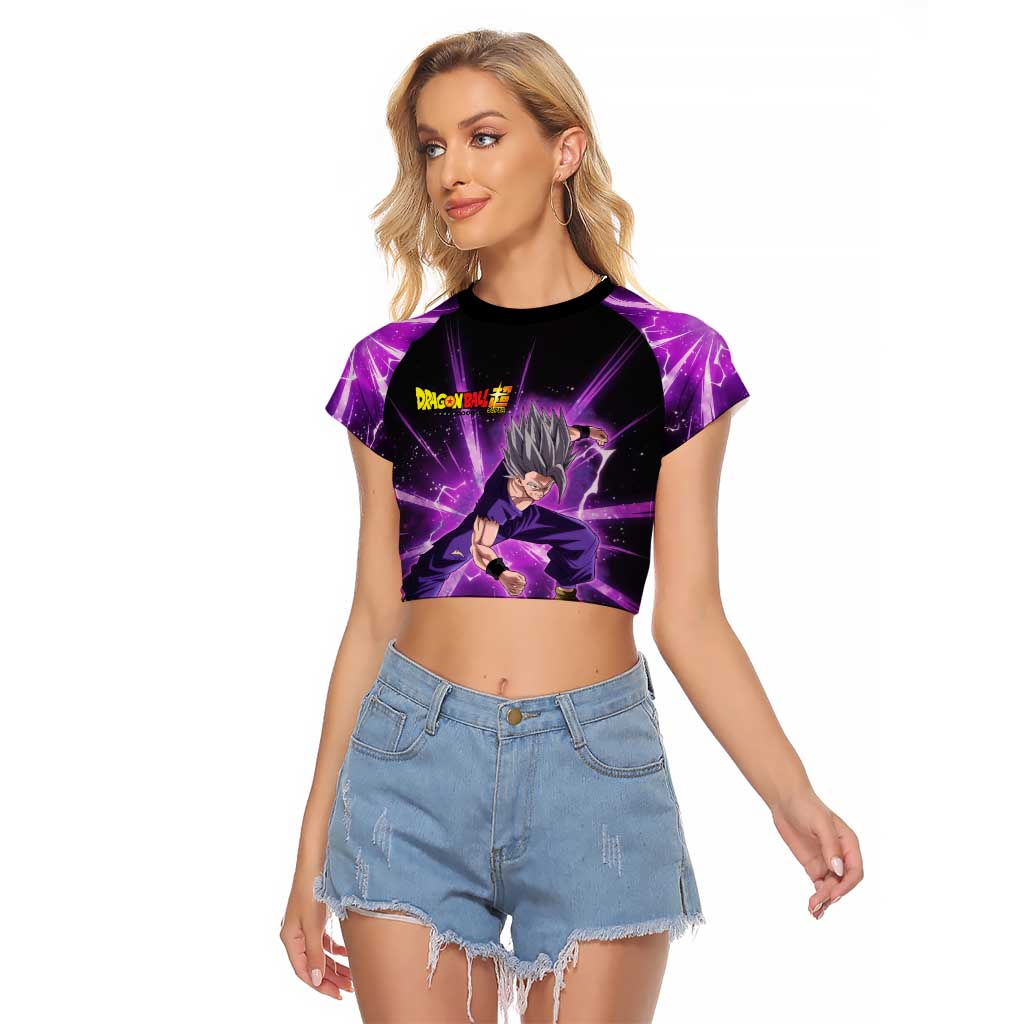 Gohan Beast Dragon Ball Super Anime Purple Lightning Aura Design Raglan Cropped T Shirt with Dynamic Power Pose and Energy Burst Background - The Mazicc