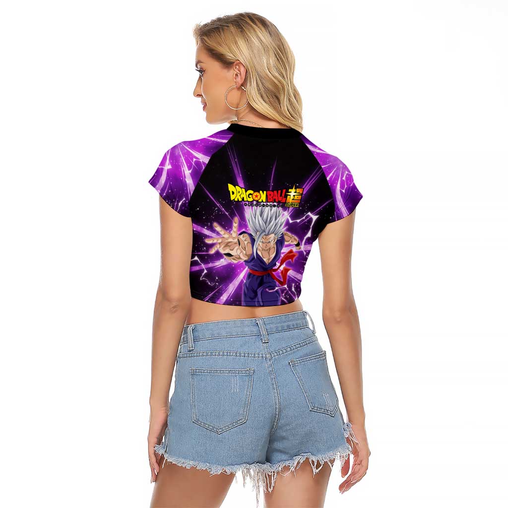 Gohan Beast Dragon Ball Super Anime Purple Lightning Aura Design Raglan Cropped T Shirt with Dynamic Power Pose and Energy Burst Background - The Mazicc