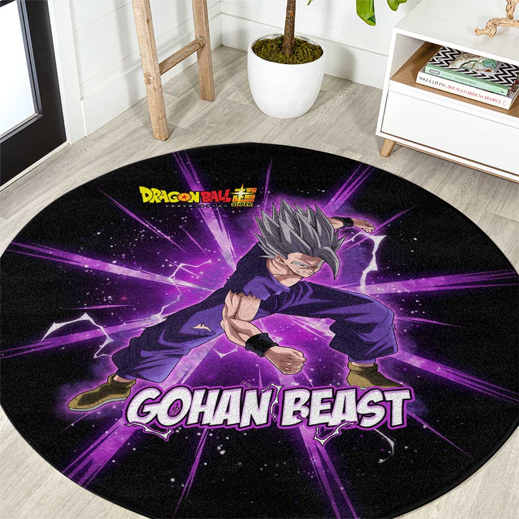 Gohan Beast Dragon Ball Super Anime Purple Lightning Aura Design Round Carpet with Dynamic Power Pose and Energy Burst Background - The Mazicc