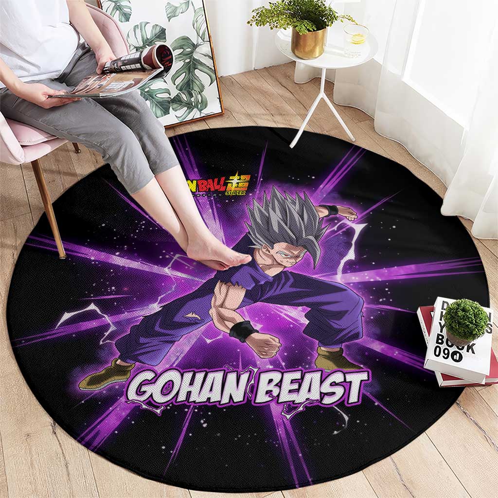 Gohan Beast Dragon Ball Super Anime Purple Lightning Aura Design Round Carpet with Dynamic Power Pose and Energy Burst Background - The Mazicc