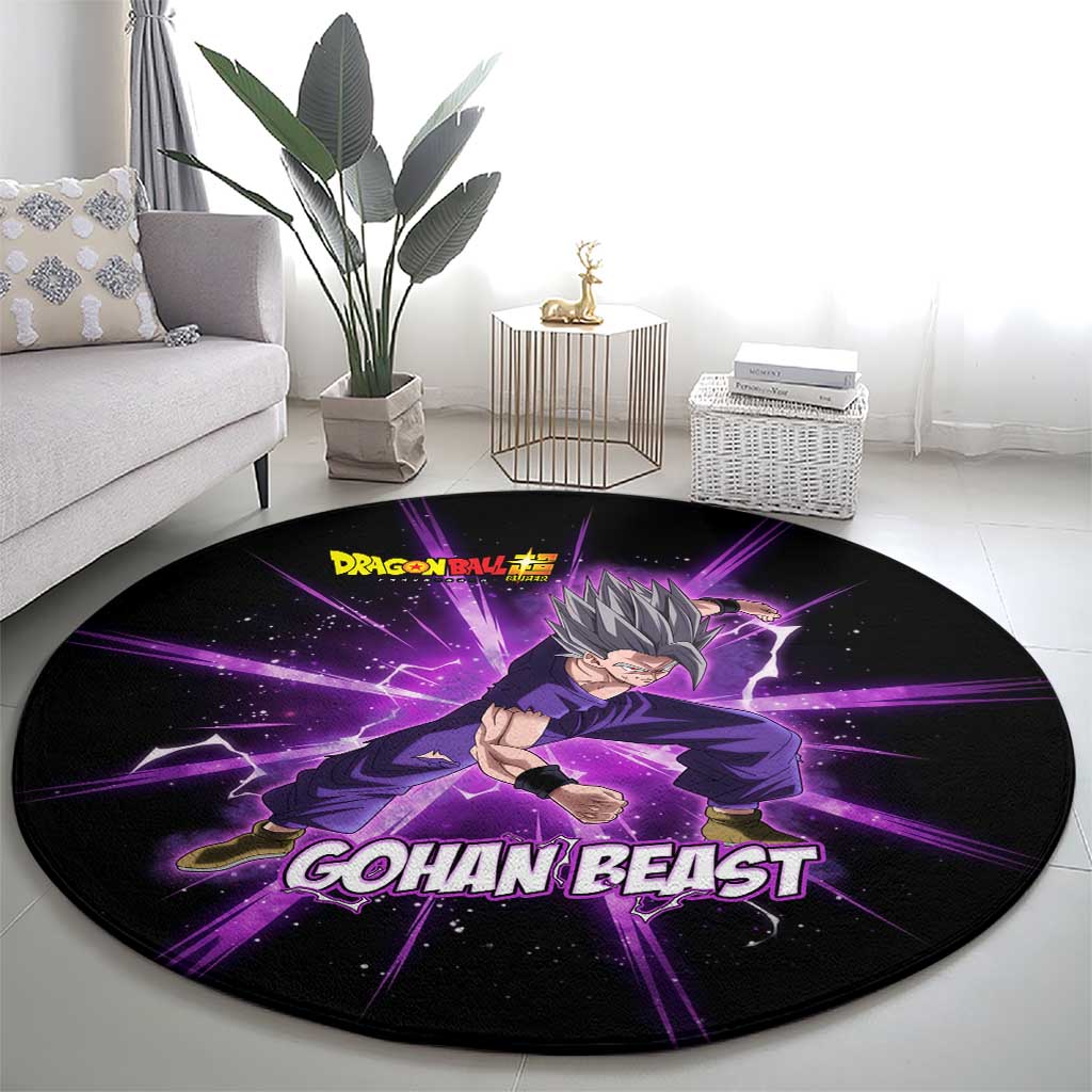 Gohan Beast Dragon Ball Super Anime Purple Lightning Aura Design Round Carpet with Dynamic Power Pose and Energy Burst Background - The Mazicc