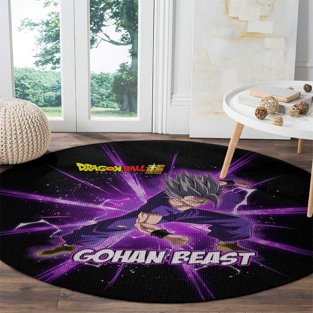 Gohan Beast Dragon Ball Super Anime Purple Lightning Aura Design Round Carpet with Dynamic Power Pose and Energy Burst Background - The Mazicc
