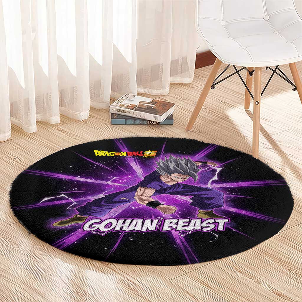 Gohan Beast Dragon Ball Super Anime Purple Lightning Aura Design Round Carpet with Dynamic Power Pose and Energy Burst Background - The Mazicc
