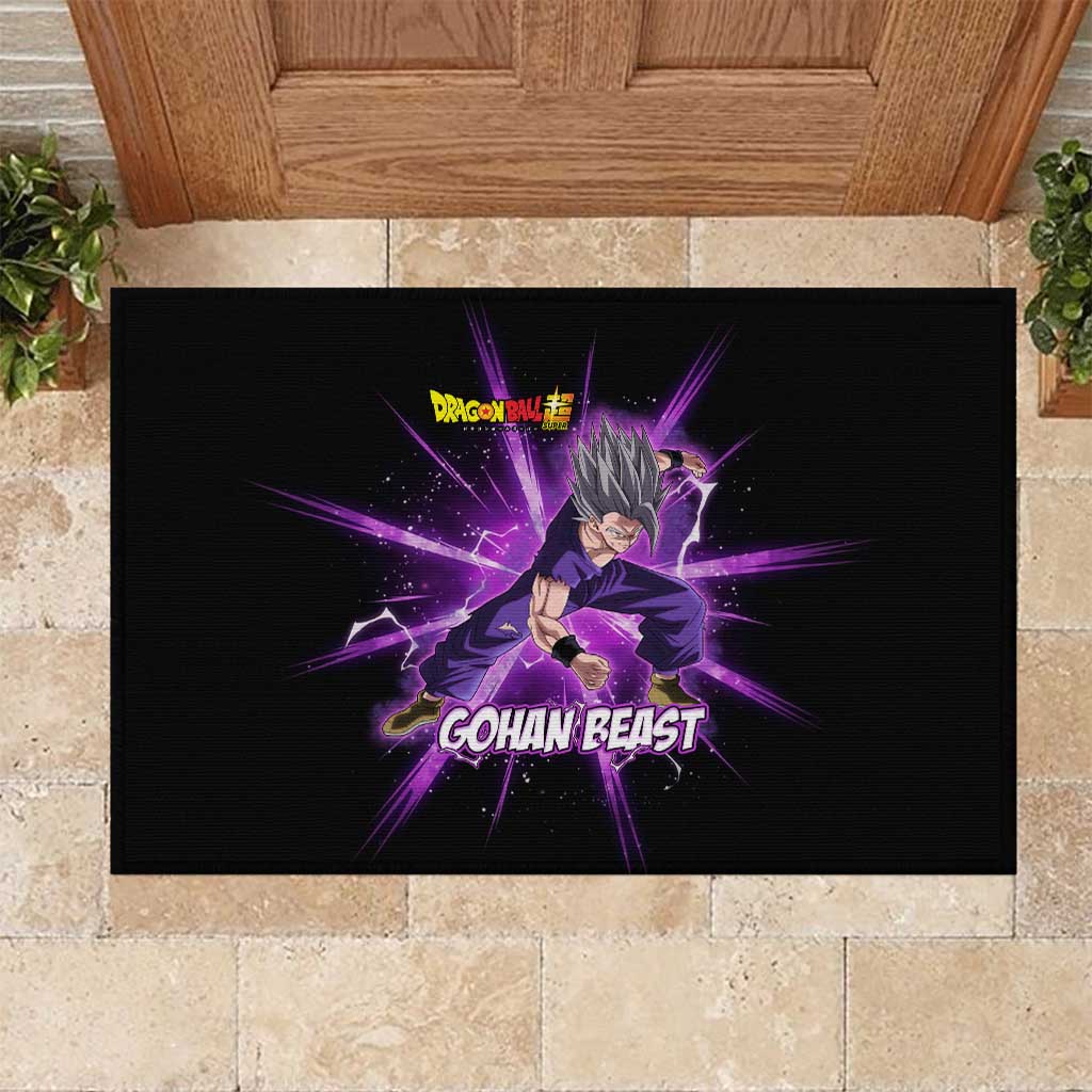 Gohan Beast Dragon Ball Super Anime Purple Lightning Aura Design Rubber Doormat with Dynamic Power Pose and Energy Burst Background - The Mazicc