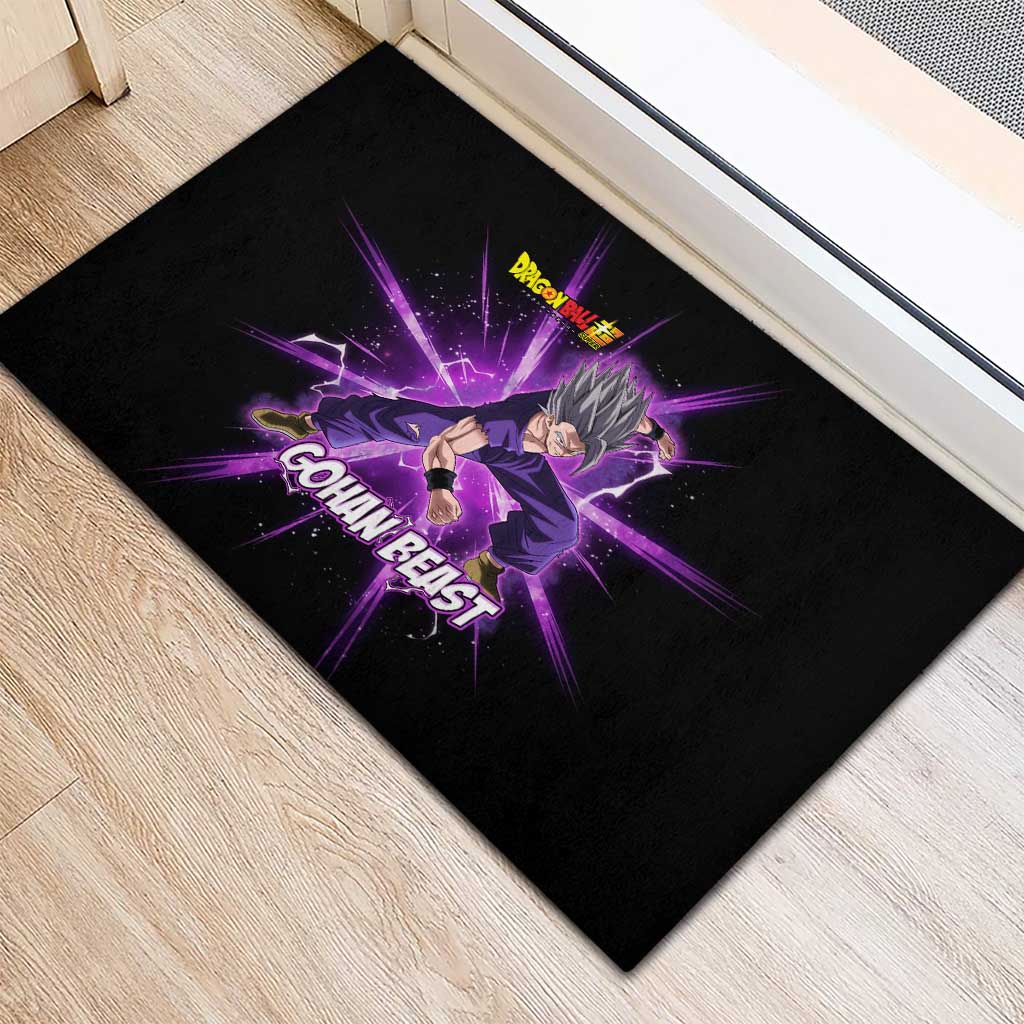 Gohan Beast Dragon Ball Super Anime Purple Lightning Aura Design Rubber Doormat with Dynamic Power Pose and Energy Burst Background - The Mazicc