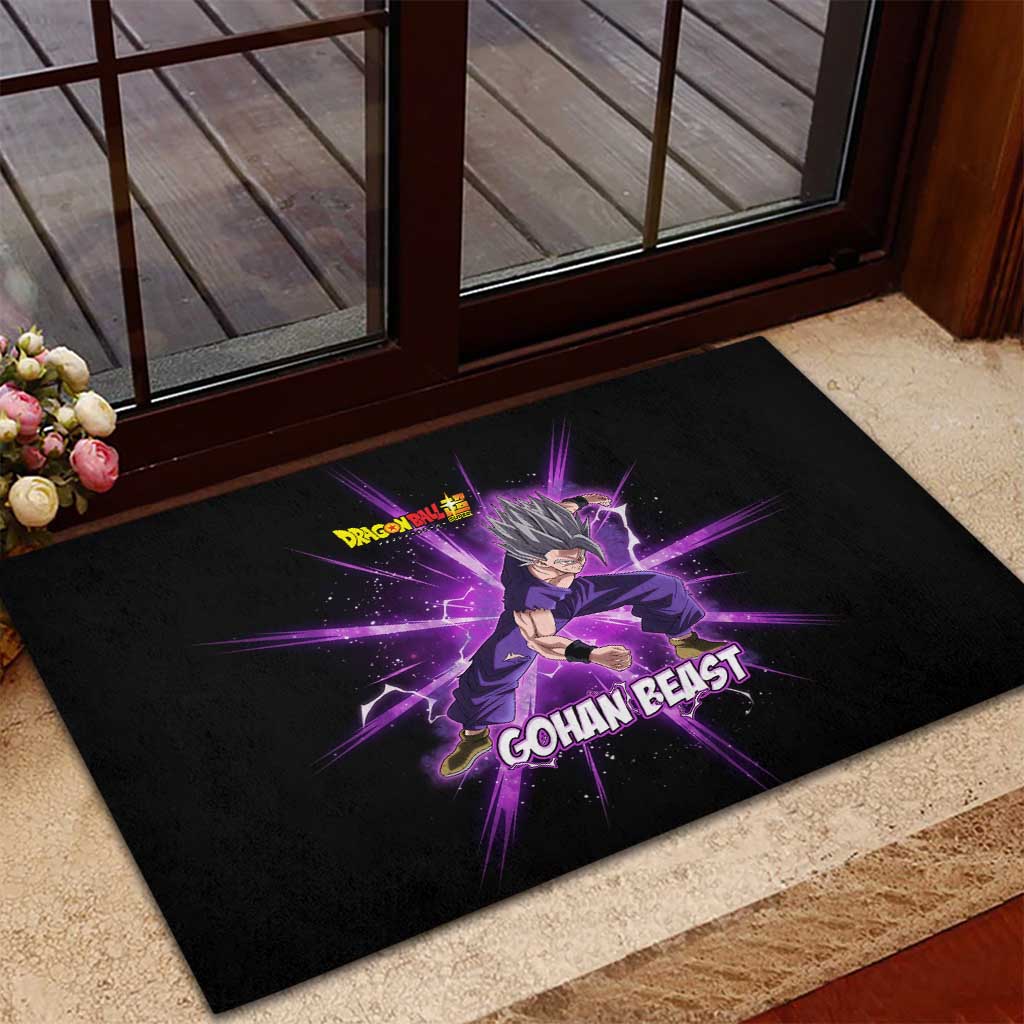 Gohan Beast Dragon Ball Super Anime Purple Lightning Aura Design Rubber Doormat with Dynamic Power Pose and Energy Burst Background - The Mazicc