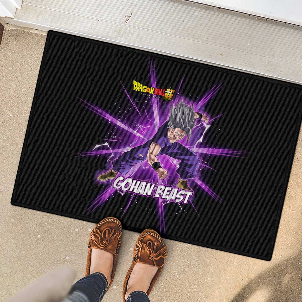 Gohan Beast Dragon Ball Super Anime Purple Lightning Aura Design Rubber Doormat with Dynamic Power Pose and Energy Burst Background - The Mazicc