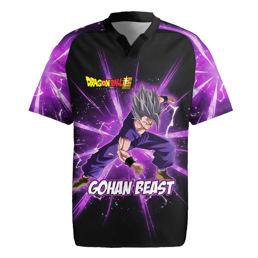 Gohan Beast Dragon Ball Super Anime Purple Lightning Aura Design Rugby Jersey with Dynamic Power Pose and Energy Burst Background - The Mazicc