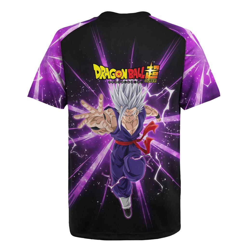 Gohan Beast Dragon Ball Super Anime Purple Lightning Aura Design Rugby Jersey with Dynamic Power Pose and Energy Burst Background - The Mazicc