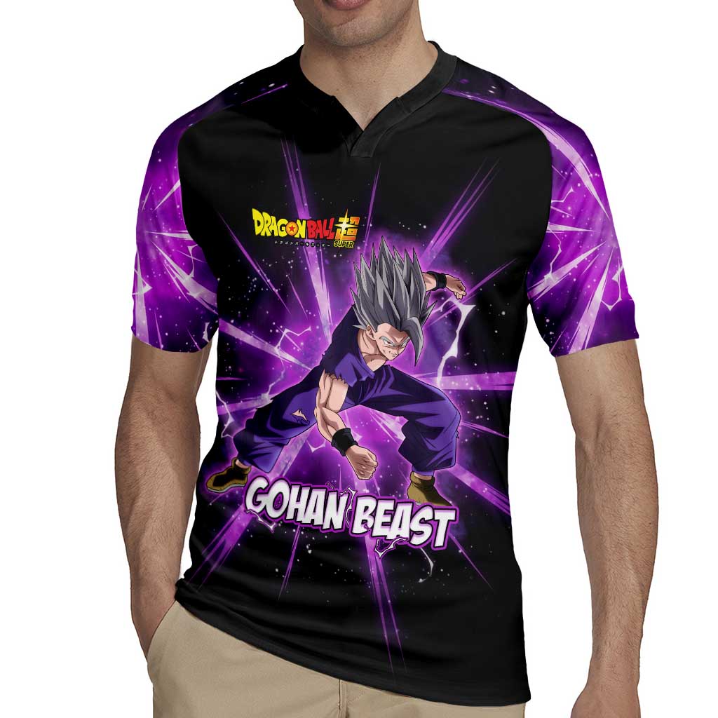 Gohan Beast Dragon Ball Super Anime Purple Lightning Aura Design Rugby Jersey with Dynamic Power Pose and Energy Burst Background - The Mazicc