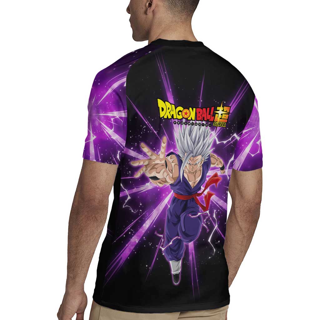Gohan Beast Dragon Ball Super Anime Purple Lightning Aura Design Rugby Jersey with Dynamic Power Pose and Energy Burst Background - The Mazicc