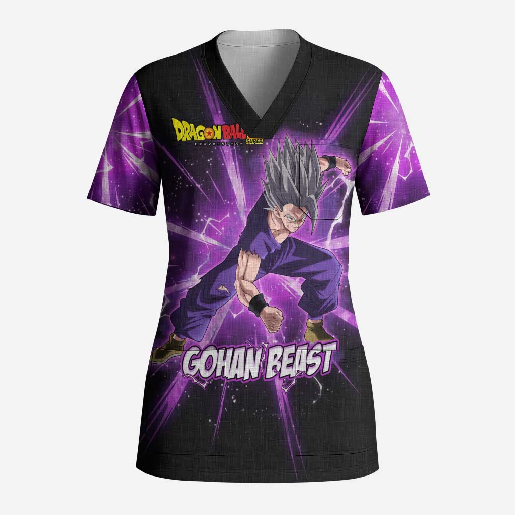 Gohan Beast Dragon Ball Super Anime Purple Lightning Aura Design Scrub Top with Dynamic Power Pose and Energy Burst Background - The Mazicc