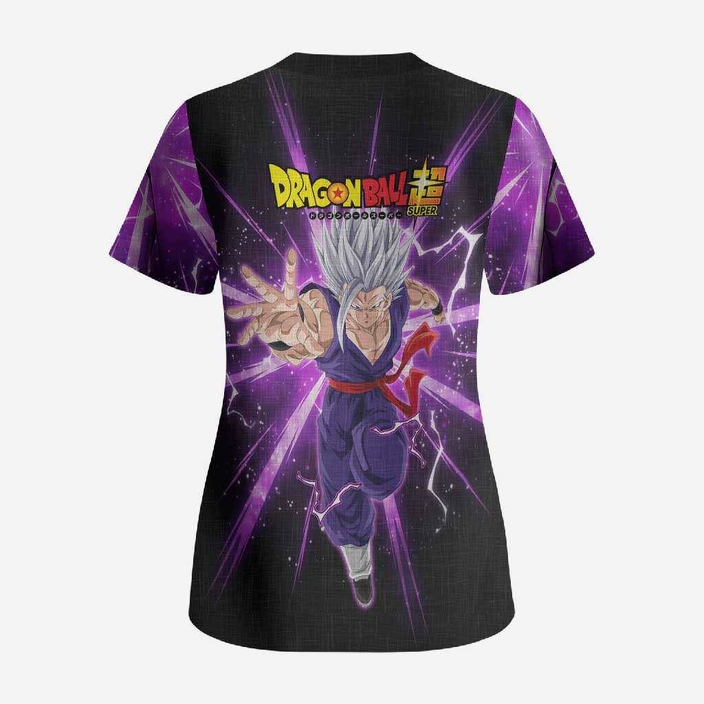Gohan Beast Dragon Ball Super Anime Purple Lightning Aura Design Scrub Top with Dynamic Power Pose and Energy Burst Background - The Mazicc