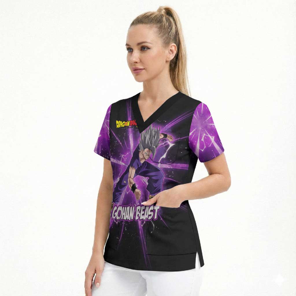 Gohan Beast Dragon Ball Super Anime Purple Lightning Aura Design Scrub Top with Dynamic Power Pose and Energy Burst Background - The Mazicc