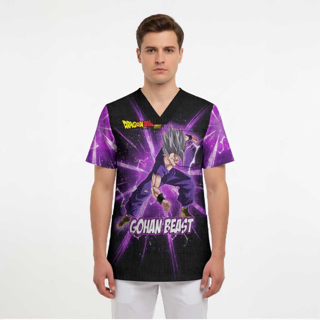 Gohan Beast Dragon Ball Super Anime Purple Lightning Aura Design Scrub Top with Dynamic Power Pose and Energy Burst Background - The Mazicc