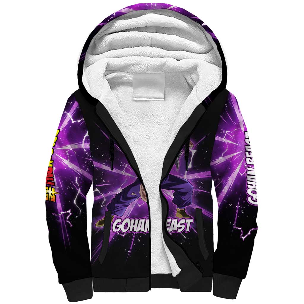 Gohan Beast Dragon Ball Super Anime Purple Lightning Aura Design Sherpa Hoodie with Dynamic Power Pose and Energy Burst Background - The Mazicc